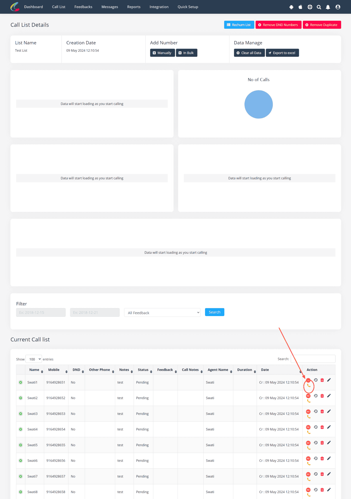 Click on Phone icon on Calling List Detail page to start PC Autodialing 