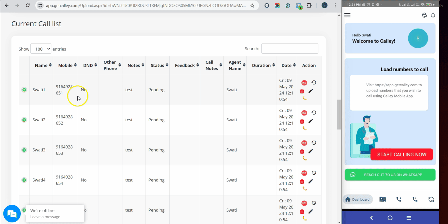Call being made from PC via connected mobile app
