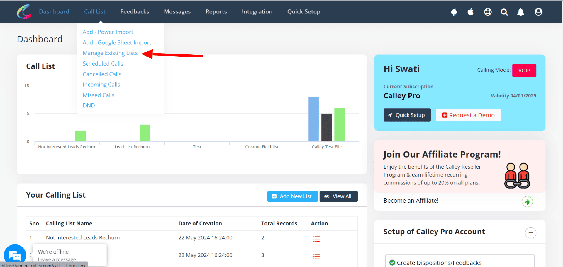 manage calling list voip
